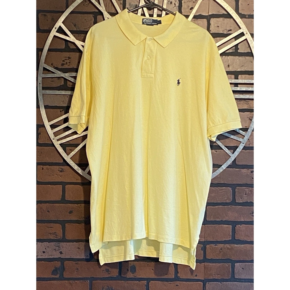 Men's Ralph Lauren Polo Yellow Short‎ Sleeve Shirt w/ Navy Blue Logo Size XXL